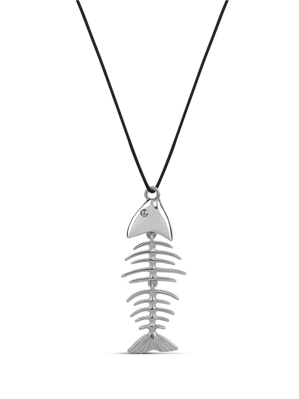 Fine Silver Plated  Fishbone Pendant on Black Cord Necklace NWOT